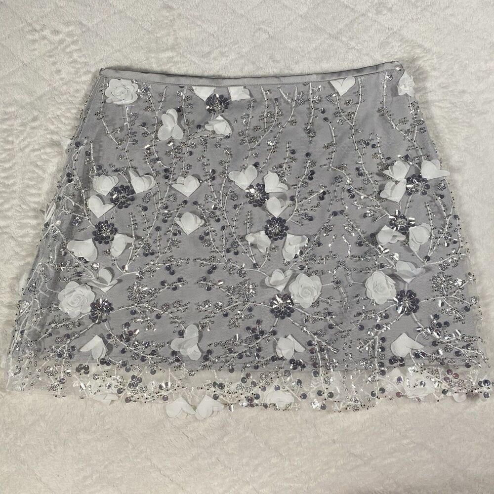 ZARA ZW Collection Women's Sz S Floral Mini Skirt Beaded Embellished Silver NWT